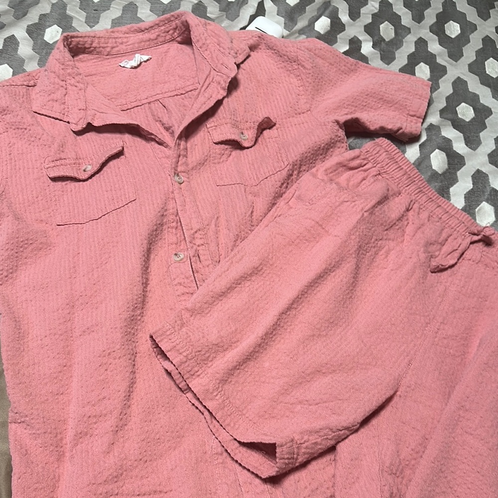 Coral Button-Up Shirt and Shorts Set